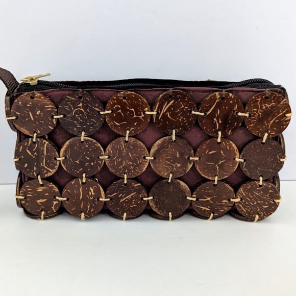 Vintage Natural Coconut Shell Zippered Clutch Wristlet with Strap - Picture 1 of 7